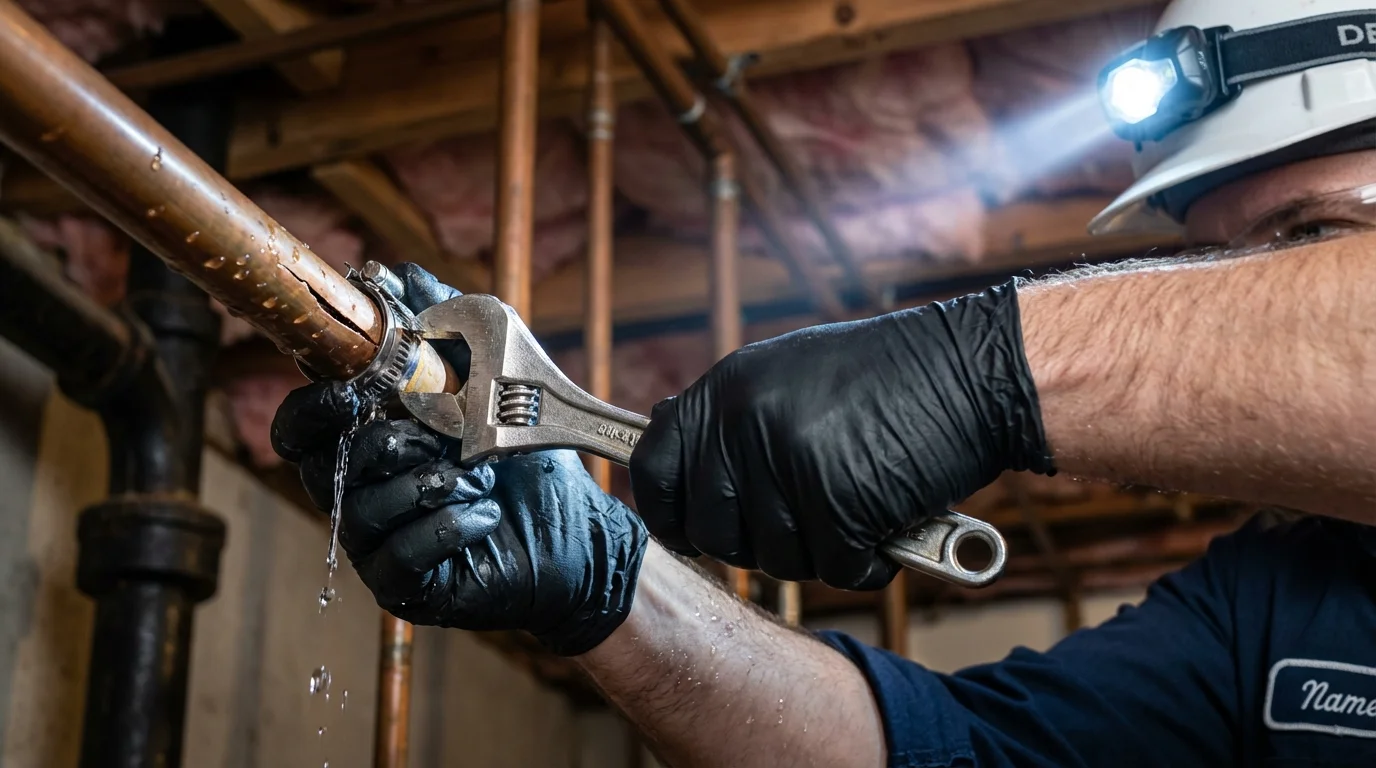 Emergency pipe clamp repair being performed by a Johns Plumbing LLC plumber in Fairmont