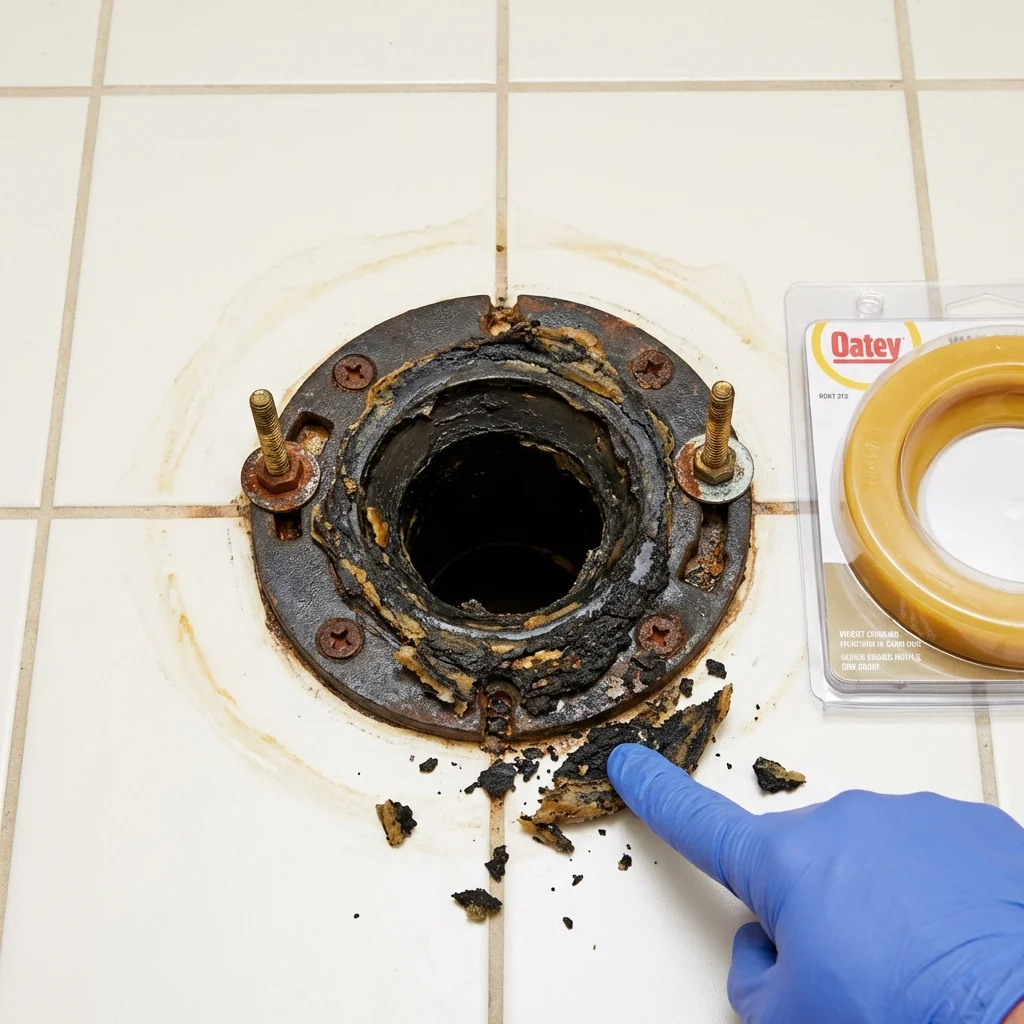 Failed wax ring showing water seepage at the base of a toilet in a Fairmont, MN home