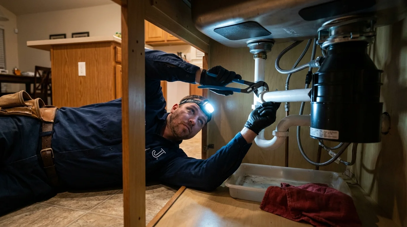 P-trap and supply line connections under a kitchen sink showing a common leak point in Fairmont, MN
